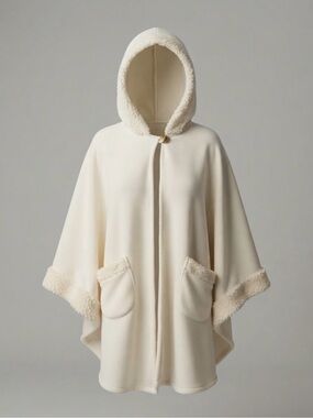 NWOT Moda Cream Hooded Shearling-Trim Cape
